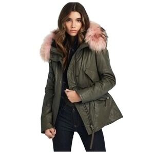 SAM. New York Luxe Hudson Pink Fur Trim Hooded Army Green Puffer Parka Coat